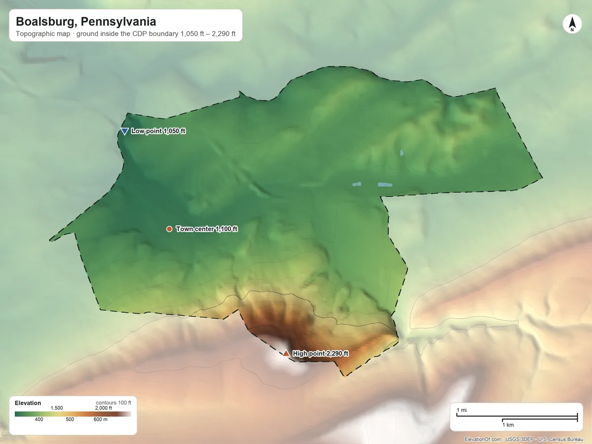 Topographic elevation map of Boalsburg, Pennsylvania, shaded from 1,050 ft on the northwest side to 2,290 ft on Bald Knob