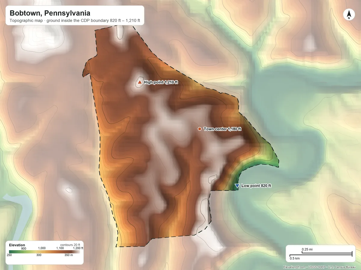 Topographic elevation map of Bobtown, Pennsylvania, shaded from 820 ft on the southeast side to 1,210 ft on the northwest side