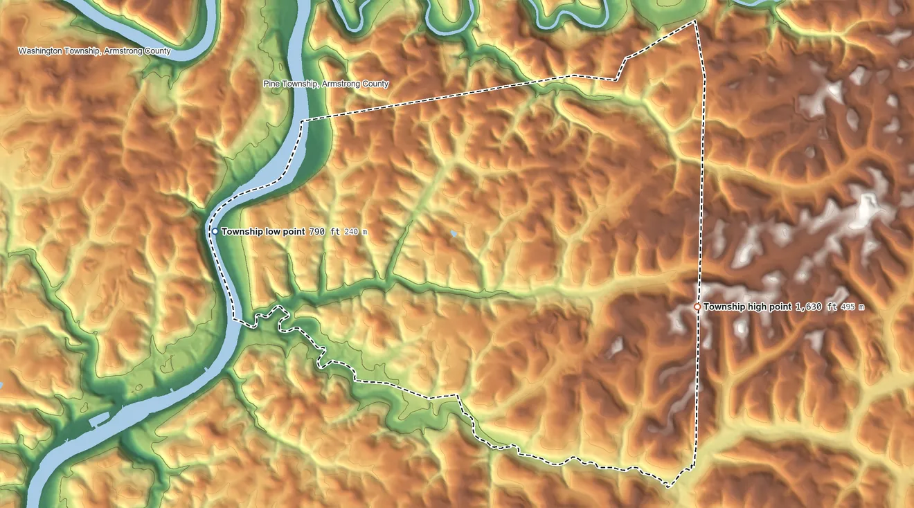Topographic elevation map of Boggs Township, Armstrong County, Pennsylvania, shaded from 790 ft on the west side to 1,630 ft on the east side