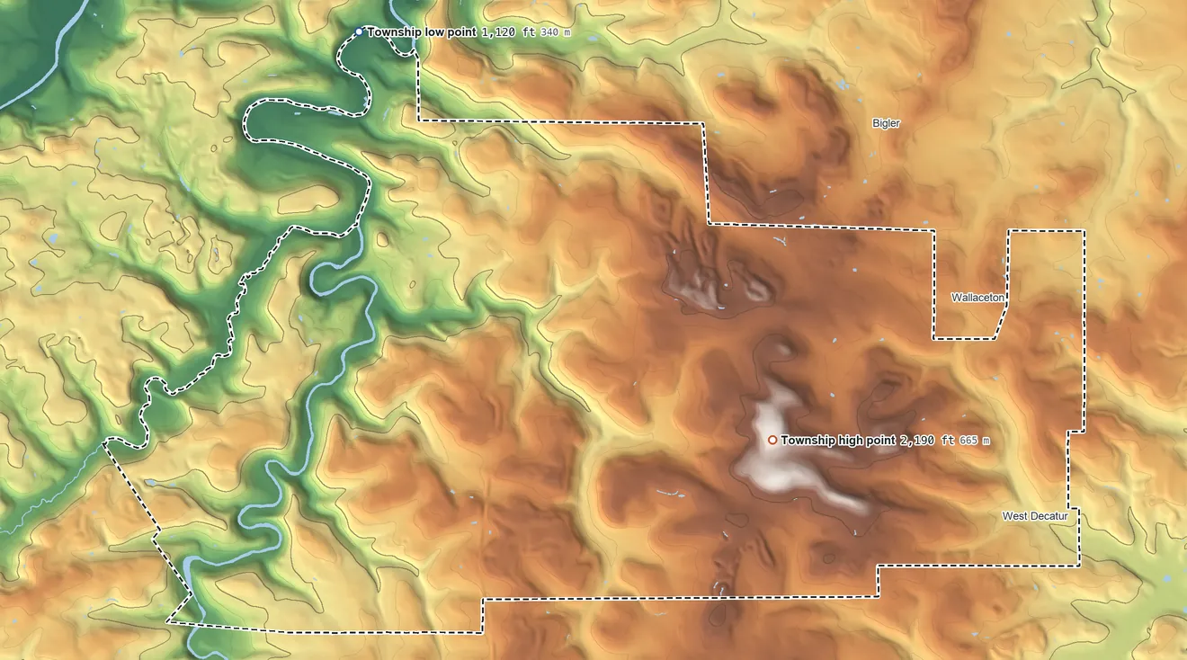 Topographic elevation map of Boggs Township, Clearfield County, Pennsylvania, shaded from 1,120 ft on the northwest side to 2,190 ft near the middle