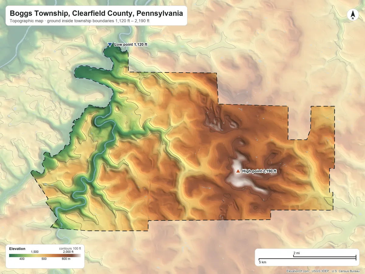 Topographic elevation map of Boggs Township, Clearfield County, Pennsylvania, shaded from 1,120 ft on the northwest side to 2,190 ft near the middle