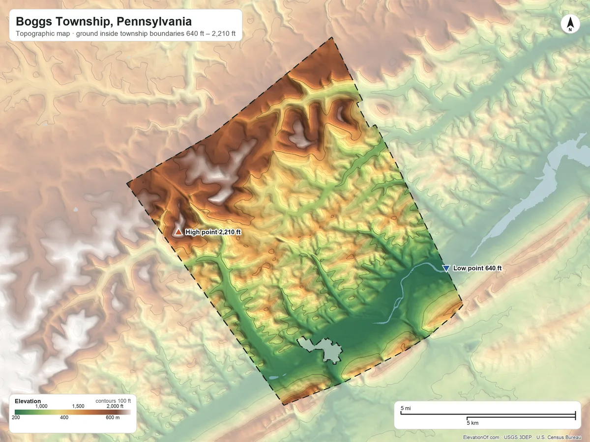 Topographic elevation map of Boggs Township, Pennsylvania, shaded from 640 ft on the east side to 2,210 ft on the northwest side