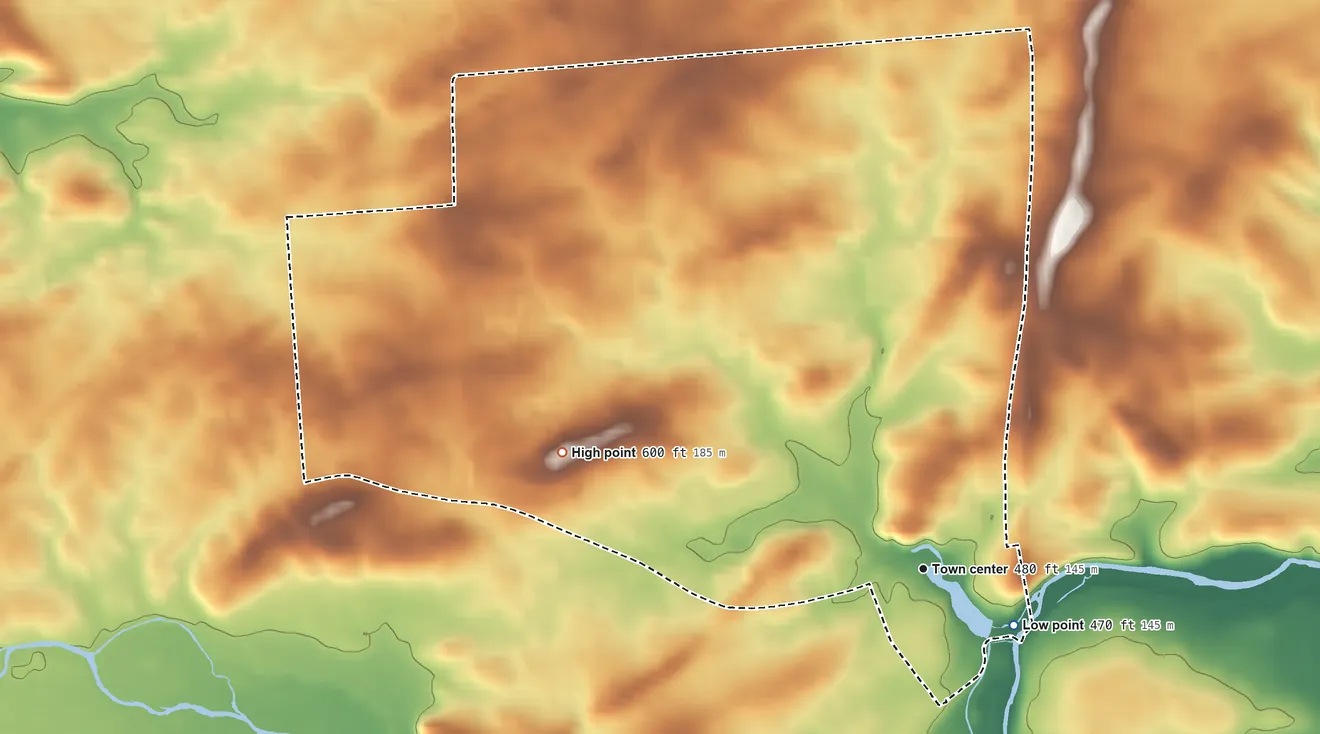 Topographic elevation map of Boiling Springs, Pennsylvania, shaded from 470 ft on the southeast side to 600 ft on the west side