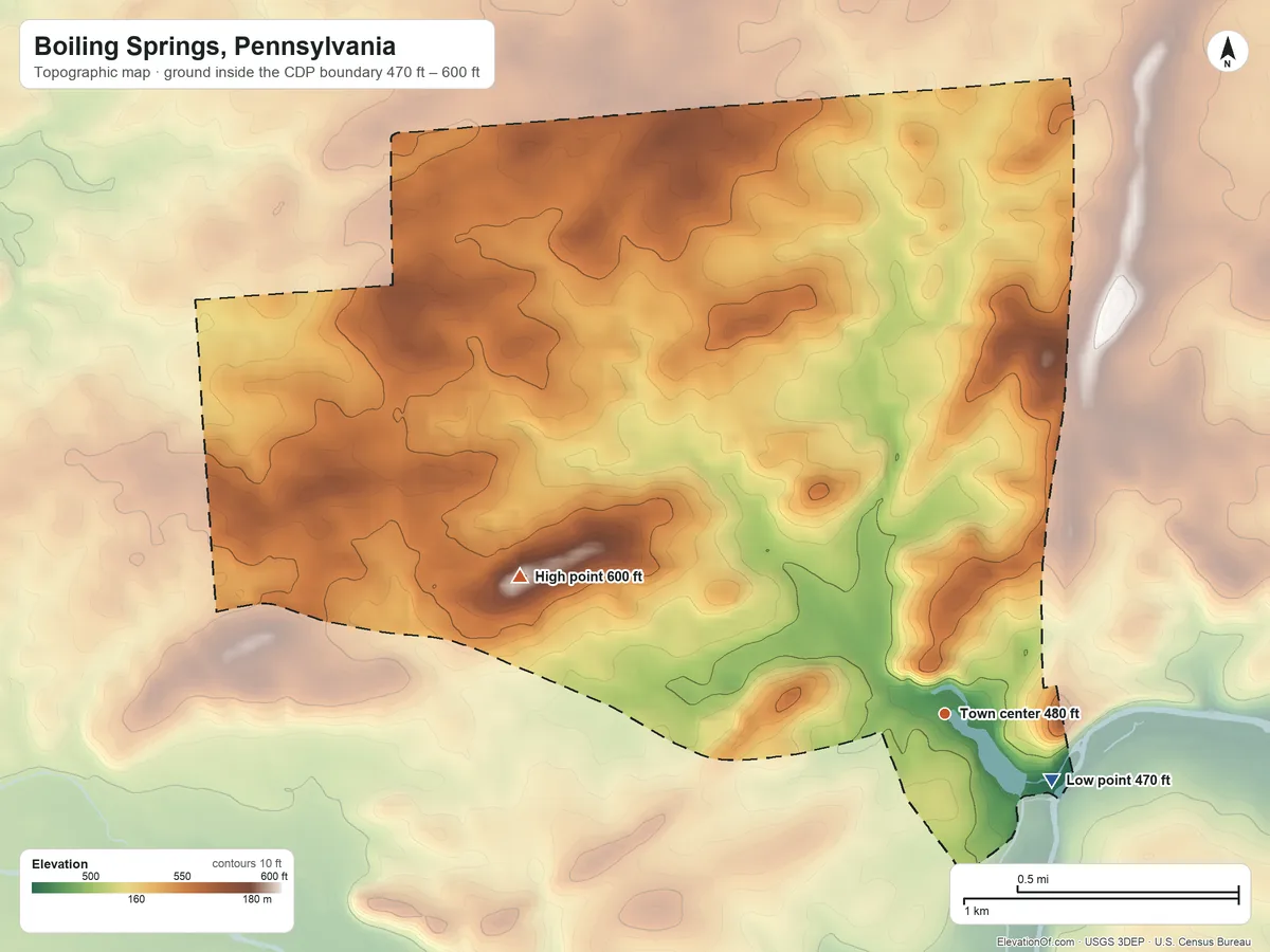 Topographic elevation map of Boiling Springs, Pennsylvania, shaded from 470 ft on the southeast side to 600 ft on the west side