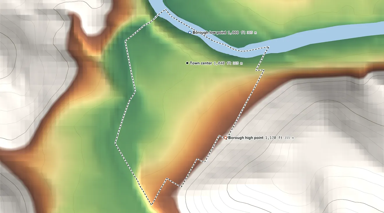 Topographic elevation map of Bolivar, Pennsylvania, shaded from 1,000 ft on the north side to 1,170 ft at the foot of the Laurel Hill