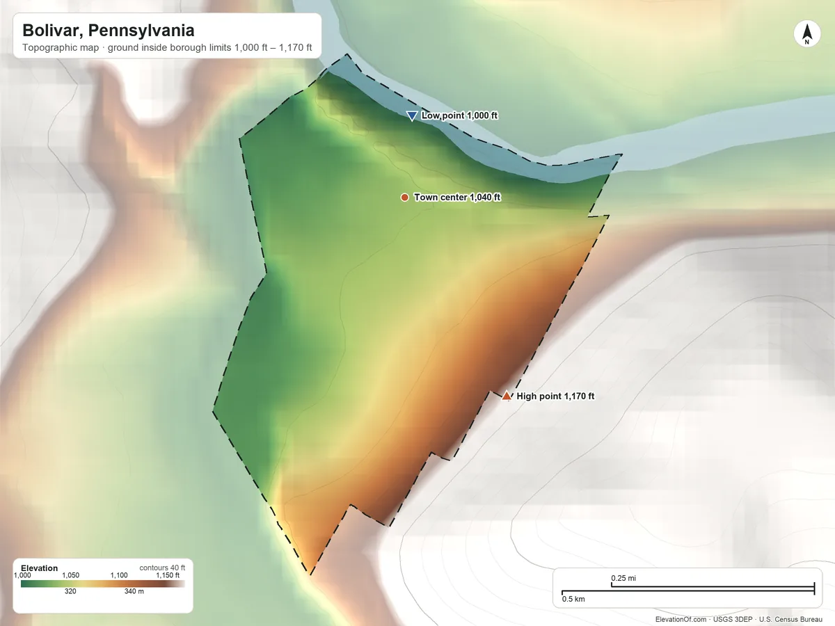 Topographic elevation map of Bolivar, Pennsylvania, shaded from 1,000 ft on the north side to 1,170 ft at the foot of the Laurel Hill