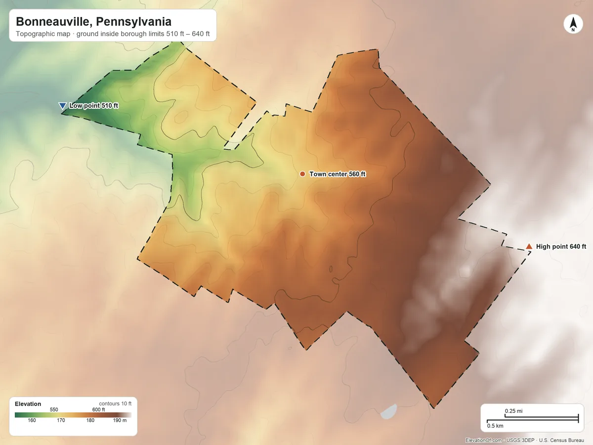 Topographic elevation map of Bonneauville, Pennsylvania, shaded from 510 ft on the west side to 640 ft on the east side