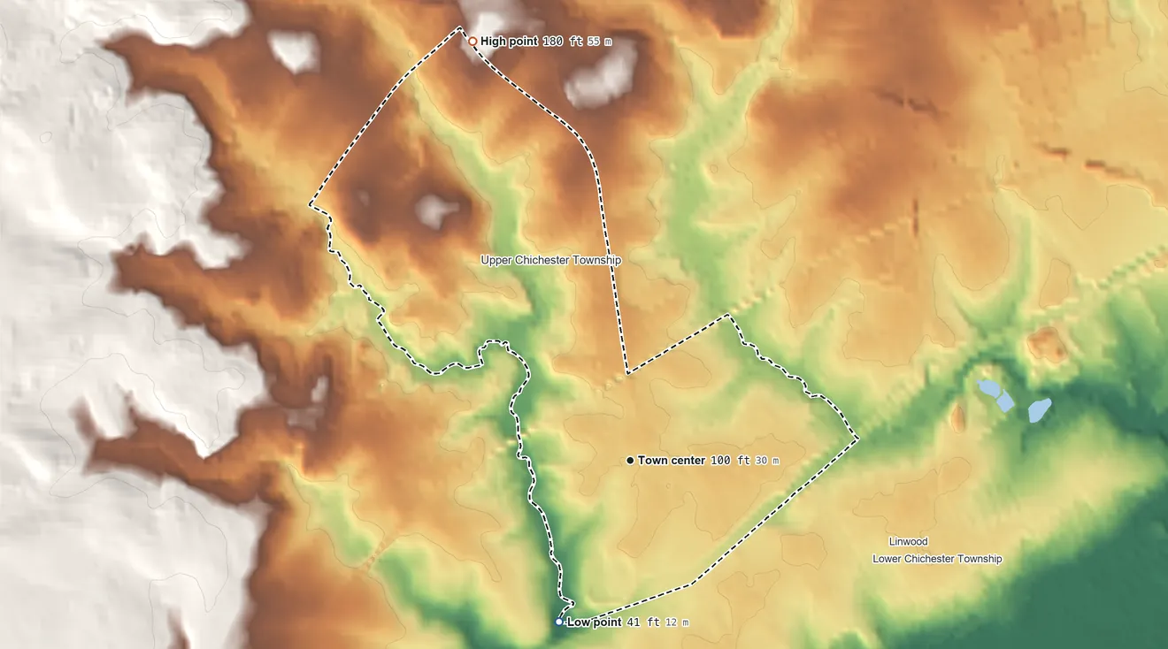 Topographic elevation map of Boothwyn, Pennsylvania, shaded from 41 ft on the southwest side to 180 ft on the north side