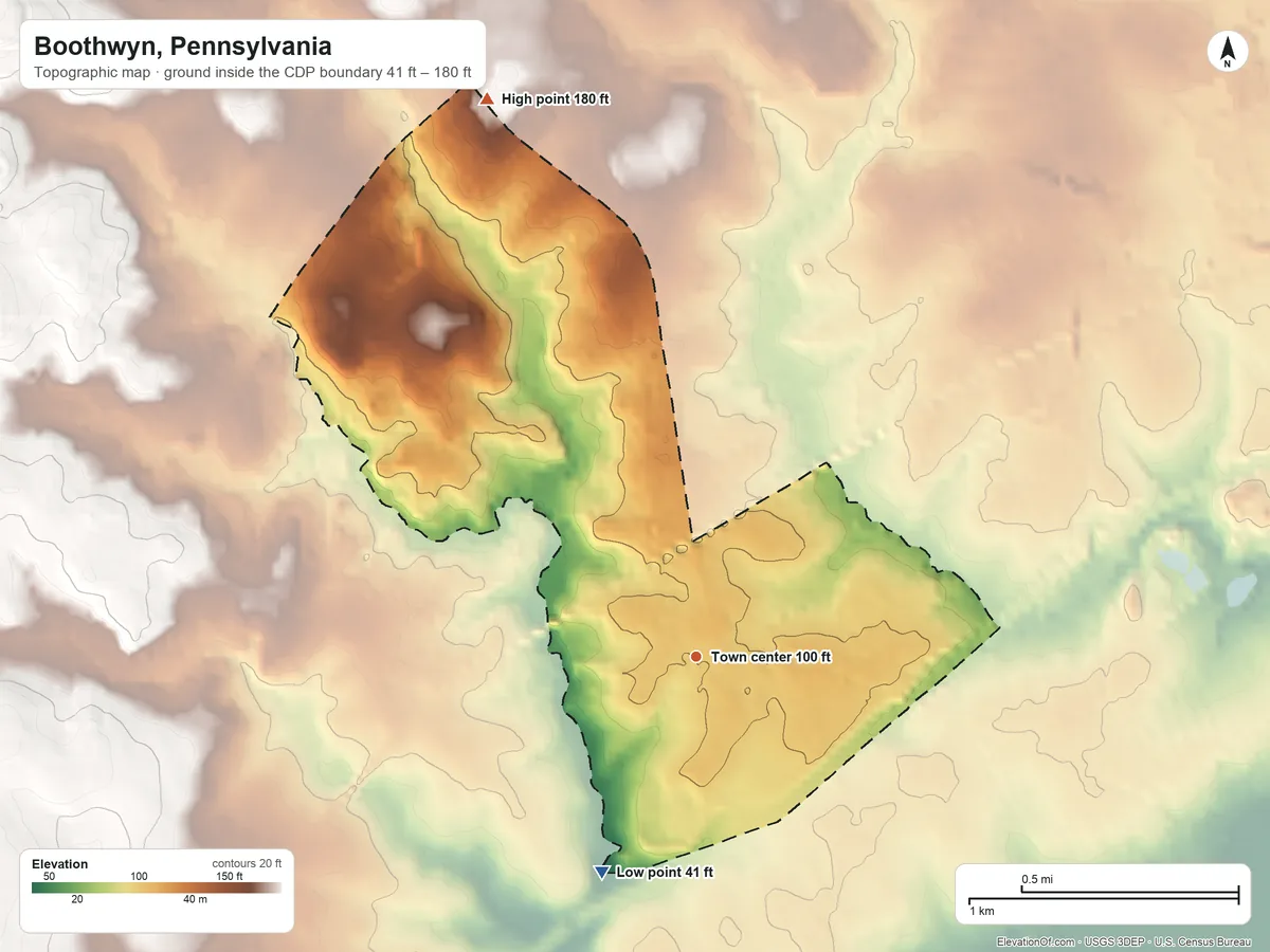 Topographic elevation map of Boothwyn, Pennsylvania, shaded from 41 ft on the southwest side to 180 ft on the north side