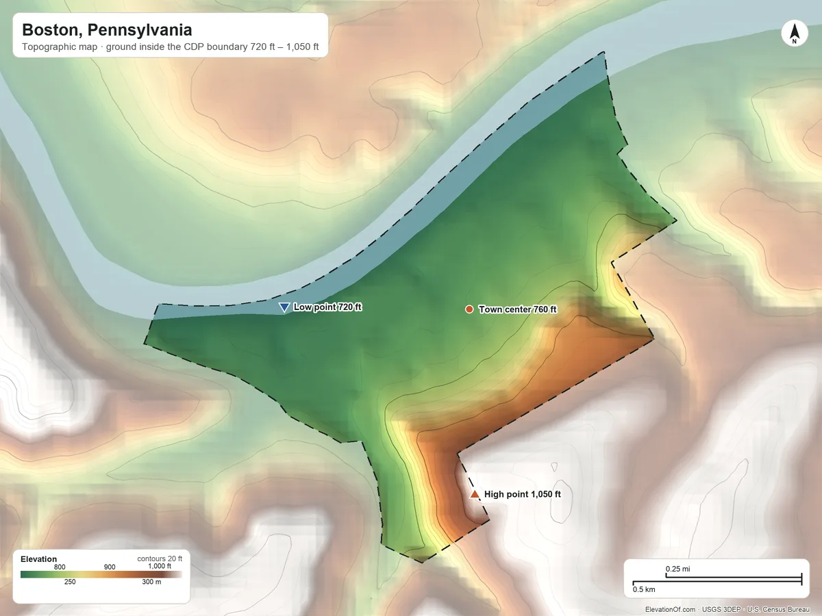 Topographic elevation map of Boston, Pennsylvania, shaded from 720 ft on the west side to 1,050 ft on the south side