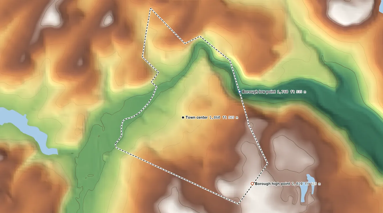 Topographic elevation map of Boswell, Pennsylvania, shaded from 1,760 ft on the northeast side to 2,020 ft on the southeast side