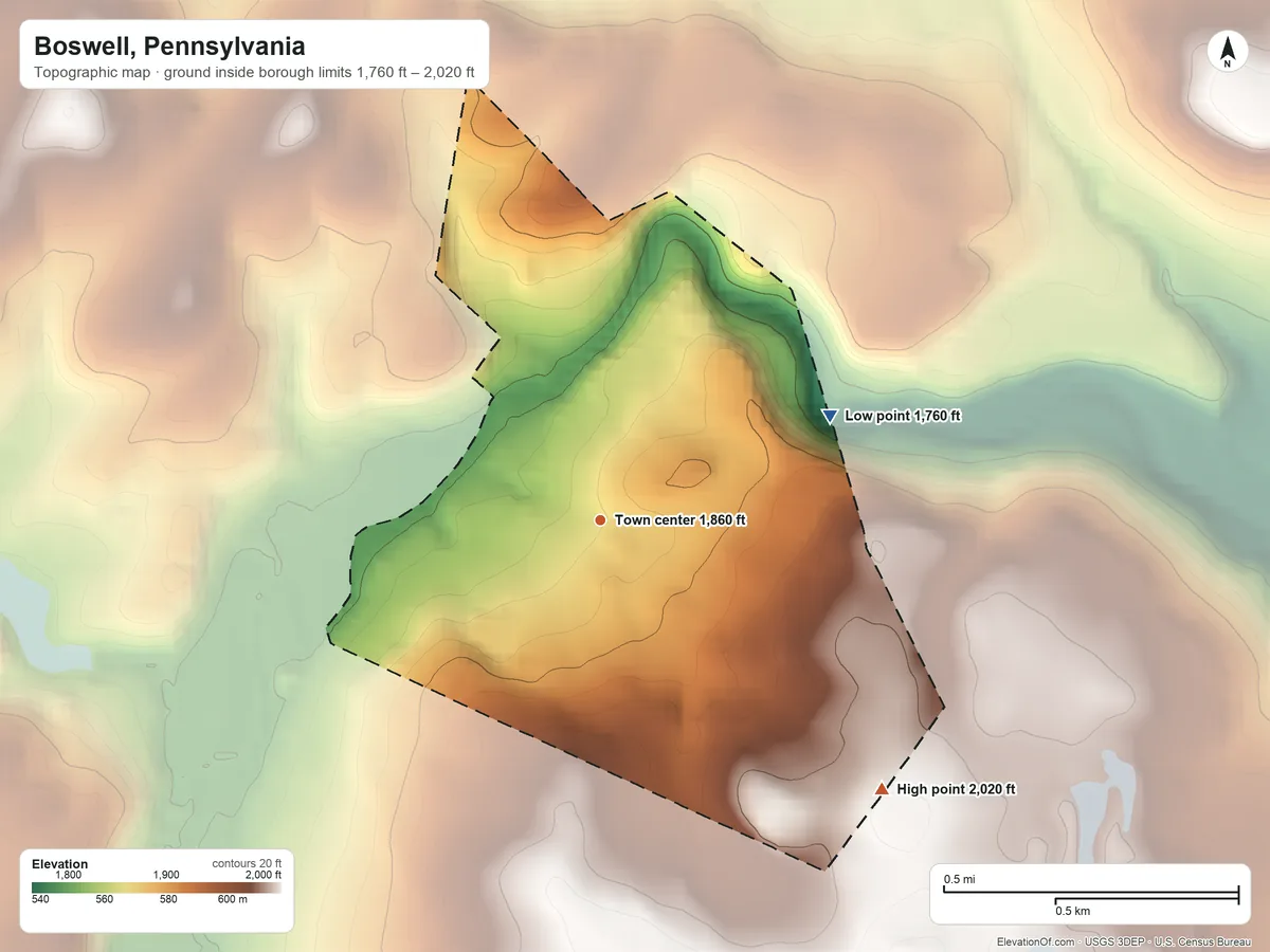 Topographic elevation map of Boswell, Pennsylvania, shaded from 1,760 ft on the northeast side to 2,020 ft on the southeast side