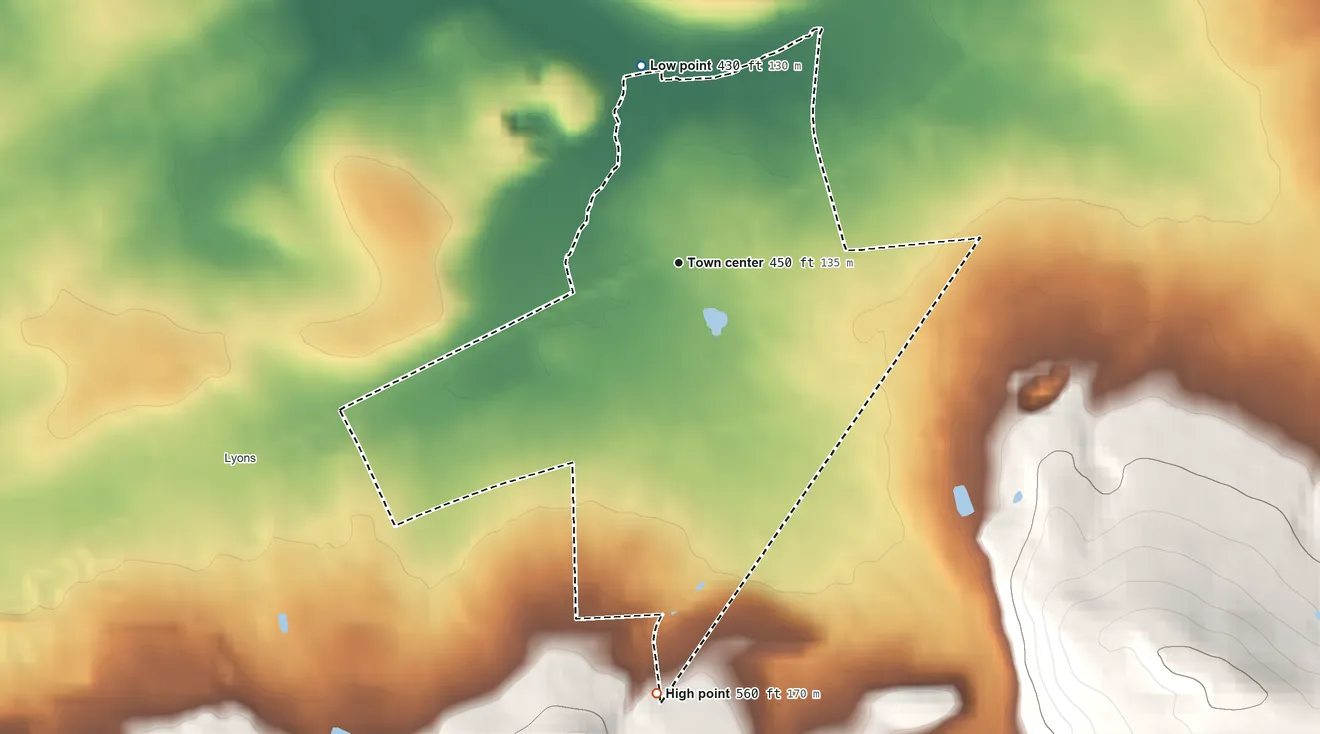 Topographic elevation map of Bowers, Pennsylvania, shaded from 430 ft on the north side to 560 ft on the south edge, below higher ground just outside