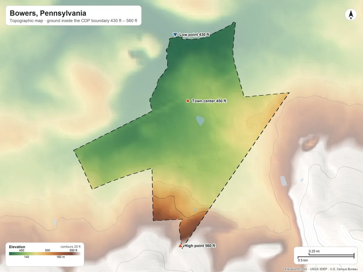 Topographic elevation map of Bowers, Pennsylvania, shaded from 430 ft on the north side to 560 ft on the south edge, below higher ground just outside