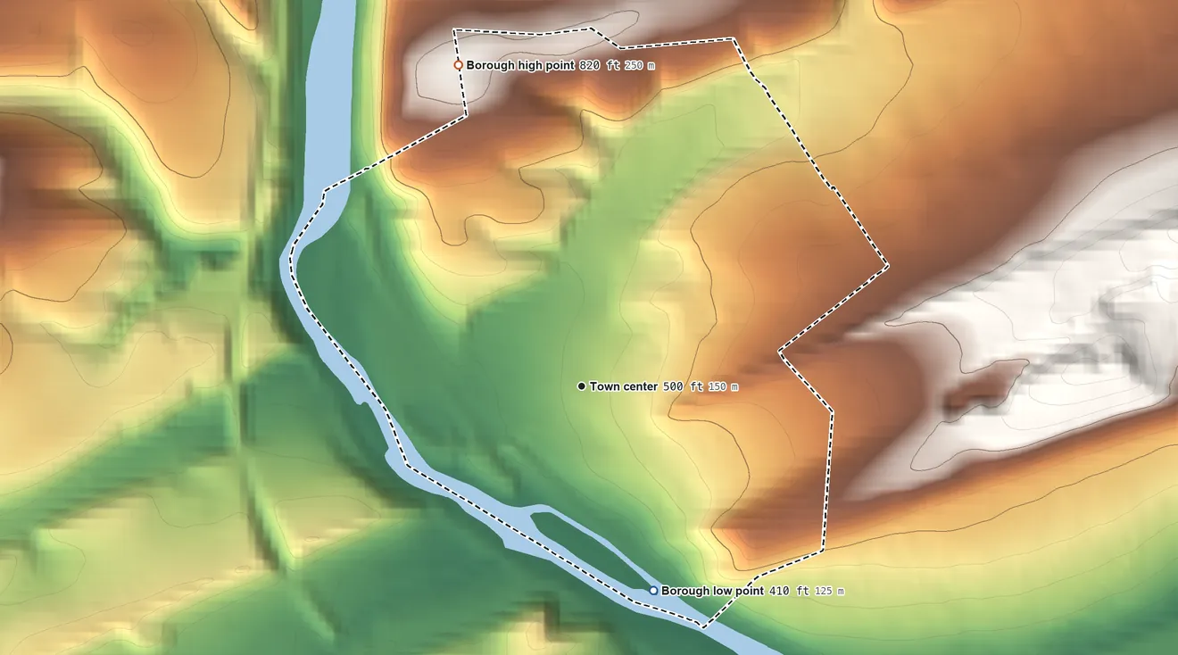 Topographic elevation map of Bowmanstown, Pennsylvania, shaded from 410 ft on the south side to 820 ft at the foot of the Indian Hills