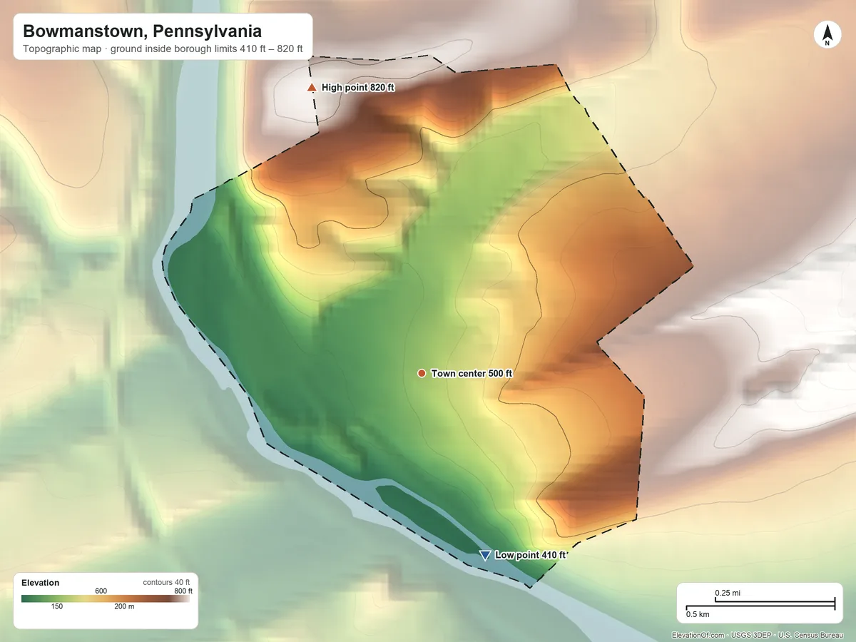 Topographic elevation map of Bowmanstown, Pennsylvania, shaded from 410 ft on the south side to 820 ft at the foot of the Indian Hills