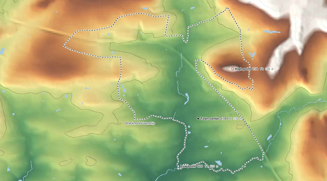 Topographic elevation map of Bowmansville, Pennsylvania, shaded from 400 ft on the southwest side to 750 ft on the northeast side