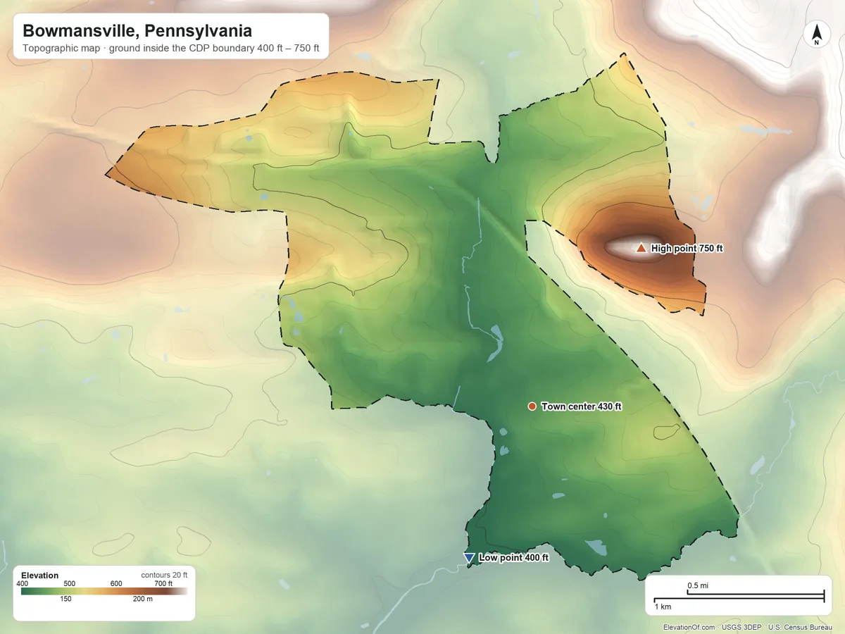 Topographic elevation map of Bowmansville, Pennsylvania, shaded from 400 ft on the southwest side to 750 ft on the northeast side