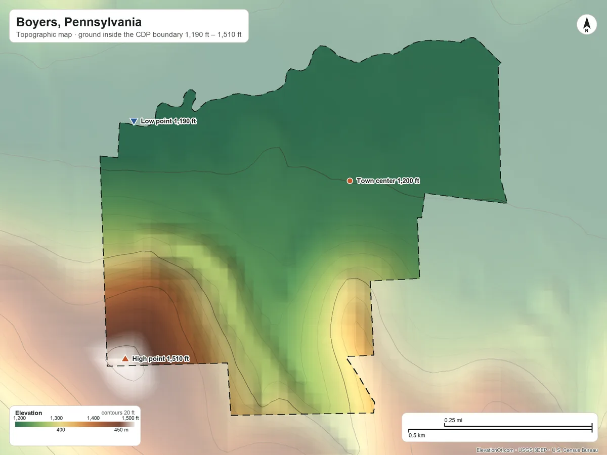 Topographic elevation map of Boyers, Pennsylvania, shaded from 1,190 ft on the west side to 1,510 ft on the southwest side