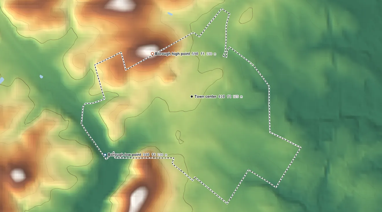Topographic elevation map of Boyertown, Pennsylvania, shaded from 340 ft on the southwest side to 590 ft on the northwest side