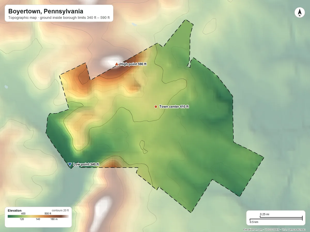 Topographic elevation map of Boyertown, Pennsylvania, shaded from 340 ft on the southwest side to 590 ft on the northwest side