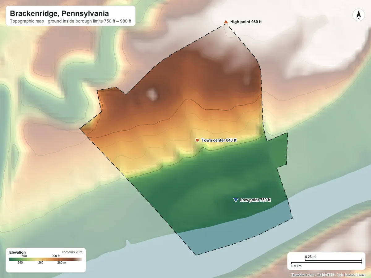 Topographic elevation map of Brackenridge, Pennsylvania, shaded from 750 ft on the southeast side to 980 ft on the north side