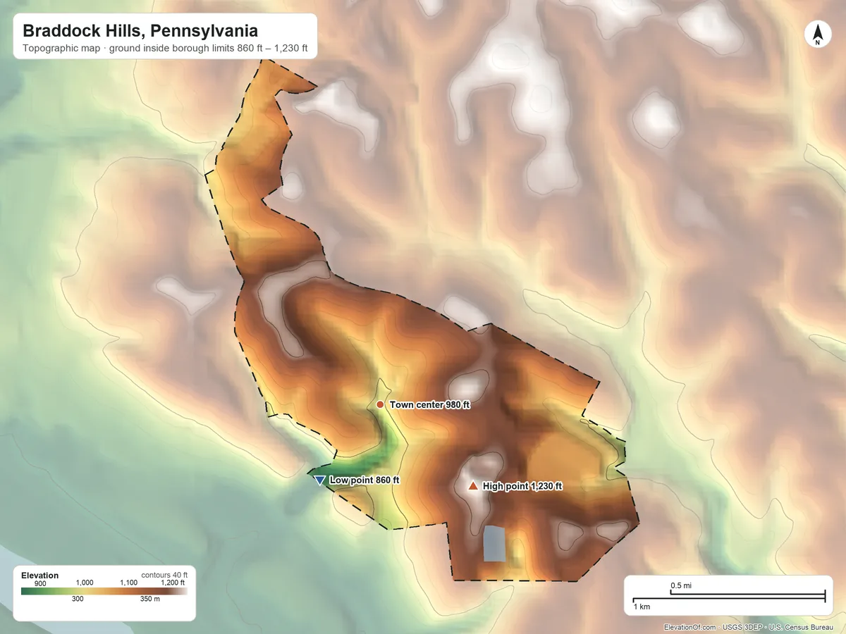 Topographic elevation map of Braddock Hills, Pennsylvania, shaded from 860 ft on the southwest side to 1,230 ft on the southeast side