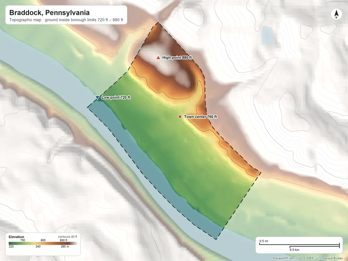 Topographic elevation map of Braddock, Pennsylvania, shaded from 720 ft on the west side to 880 ft on the north edge, below higher ground just outside