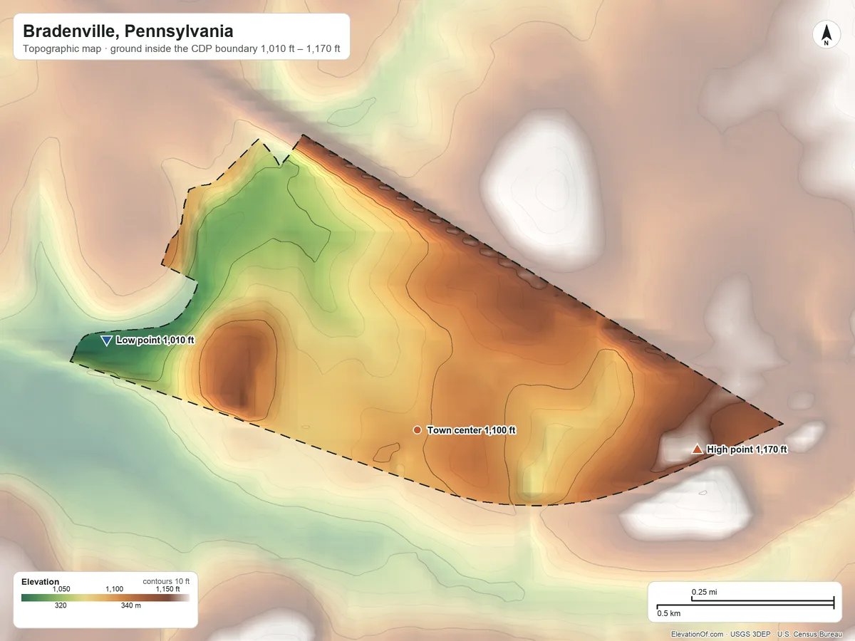 Topographic elevation map of Bradenville, Pennsylvania, shaded from 1,010 ft on the west side to 1,170 ft at the foot of the Laurel Hill