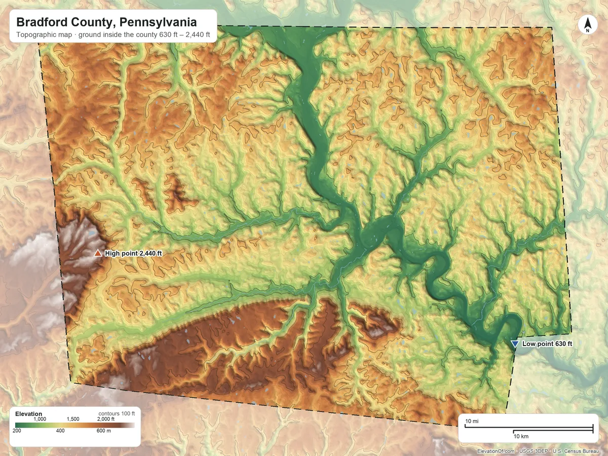 Topographic elevation map of Bradford County, Pennsylvania, shaded from 630 ft on the southeast side to 2,440 ft on Armenia Mountain