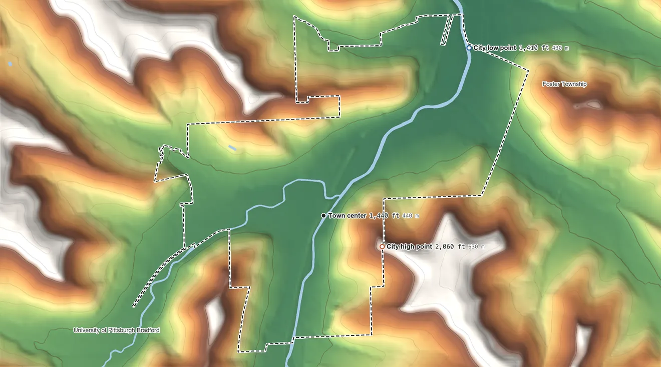 Topographic elevation map of Bradford, Pennsylvania, shaded from 1,410 ft on the northeast side to 2,060 ft on the southeast side
