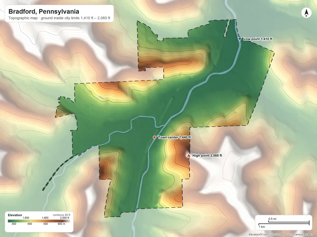 Topographic elevation map of Bradford, Pennsylvania, shaded from 1,410 ft on the northeast side to 2,060 ft on the southeast side