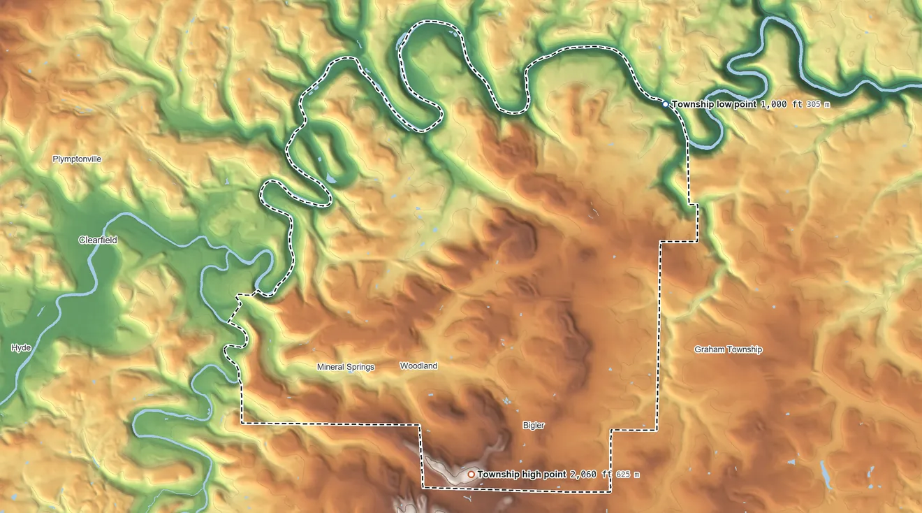 Topographic elevation map of Bradford Township, Clearfield County, Pennsylvania, shaded from 1,000 ft on the northeast side to 2,060 ft on the south side