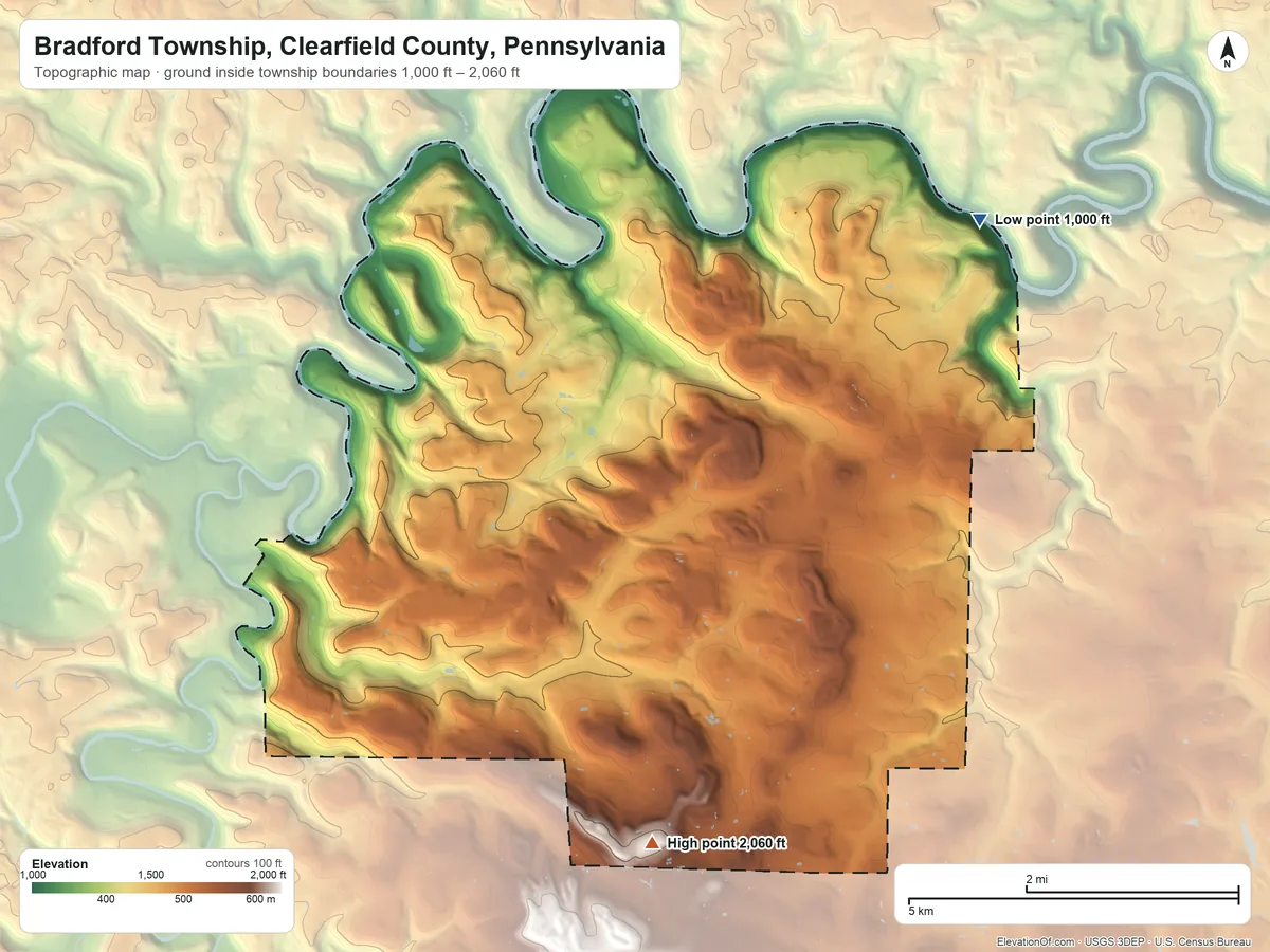 Topographic elevation map of Bradford Township, Clearfield County, Pennsylvania, shaded from 1,000 ft on the northeast side to 2,060 ft on the south side