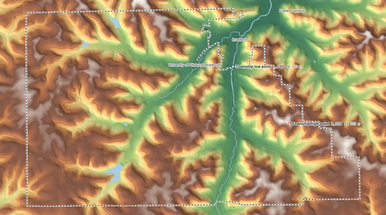 Topographic elevation map of Bradford Township, Pennsylvania, shaded from 1,440 ft near the middle to 2,310 ft on the southeast side