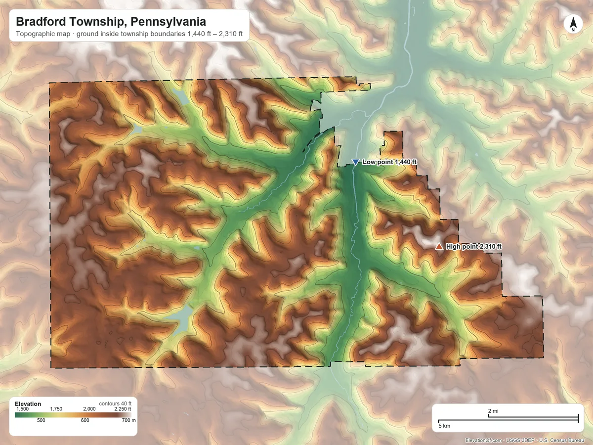 Topographic elevation map of Bradford Township, Pennsylvania, shaded from 1,440 ft near the middle to 2,310 ft on the southeast side