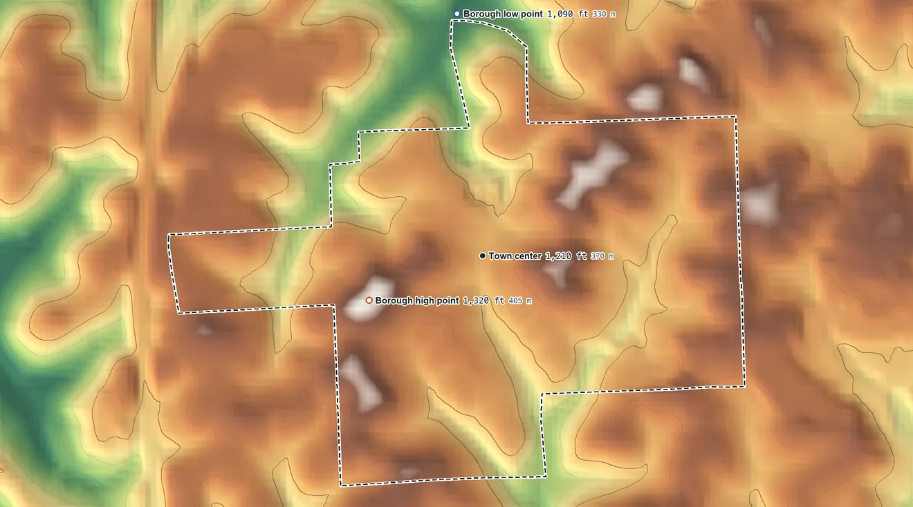 Topographic elevation map of Bradford Woods, Pennsylvania, shaded from 1,090 ft on the north side to 1,320 ft on the west side