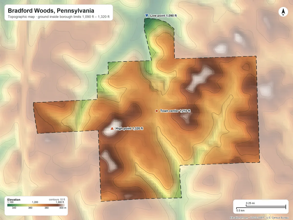 Topographic elevation map of Bradford Woods, Pennsylvania, shaded from 1,090 ft on the north side to 1,320 ft on the west side