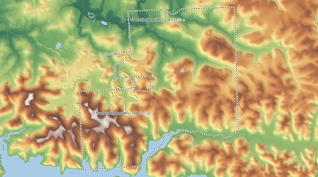 Topographic elevation map of Brady Township, Butler County, Pennsylvania, shaded from 1,120 ft on the northwest side to 1,540 ft on the west side