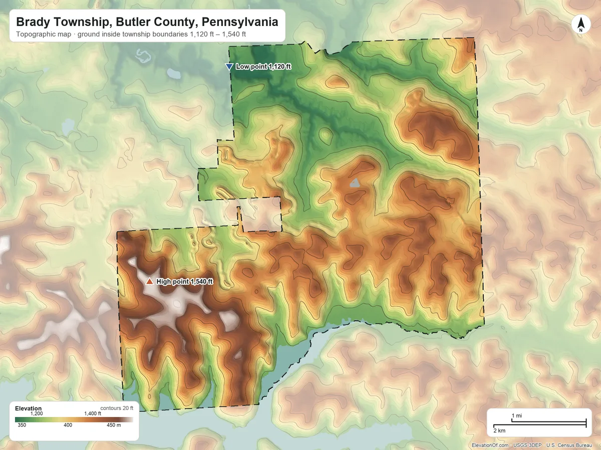 Topographic elevation map of Brady Township, Butler County, Pennsylvania, shaded from 1,120 ft on the northwest side to 1,540 ft on the west side