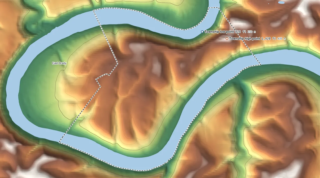 Topographic elevation map of Brady Township, Clarion County, Pennsylvania, shaded from 820 ft on the northeast side to 1,420 ft on the northeast side