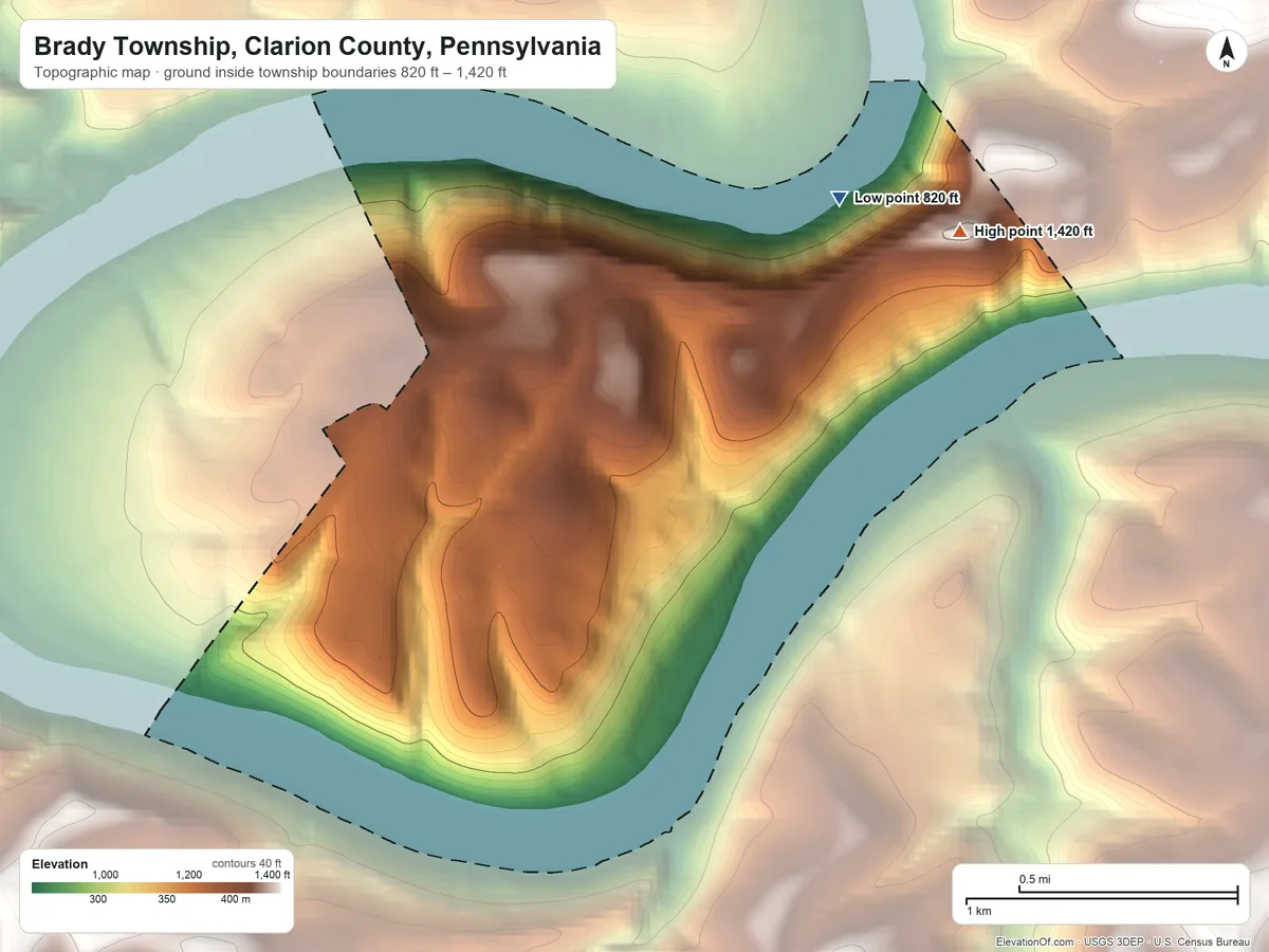 Topographic elevation map of Brady Township, Clarion County, Pennsylvania, shaded from 820 ft on the northeast side to 1,420 ft on the northeast side