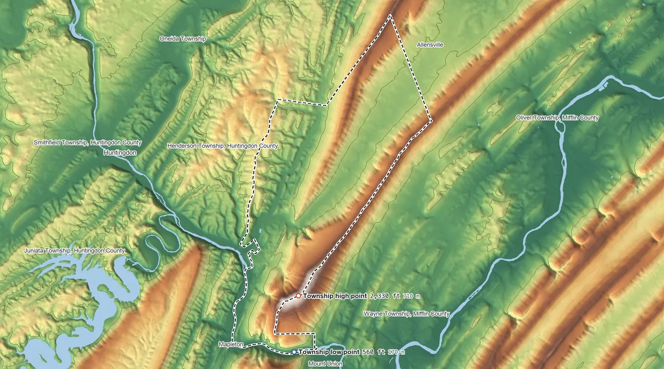 Topographic elevation map of Brady Township, Huntingdon County, Pennsylvania, shaded from 560 ft on the south side to 2,330 ft on the south side