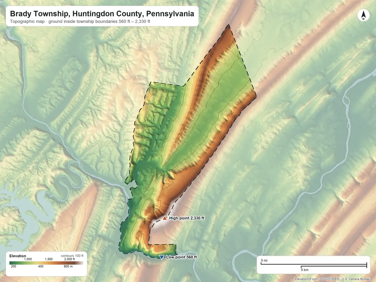 Topographic elevation map of Brady Township, Huntingdon County, Pennsylvania, shaded from 560 ft on the south side to 2,330 ft on the south side