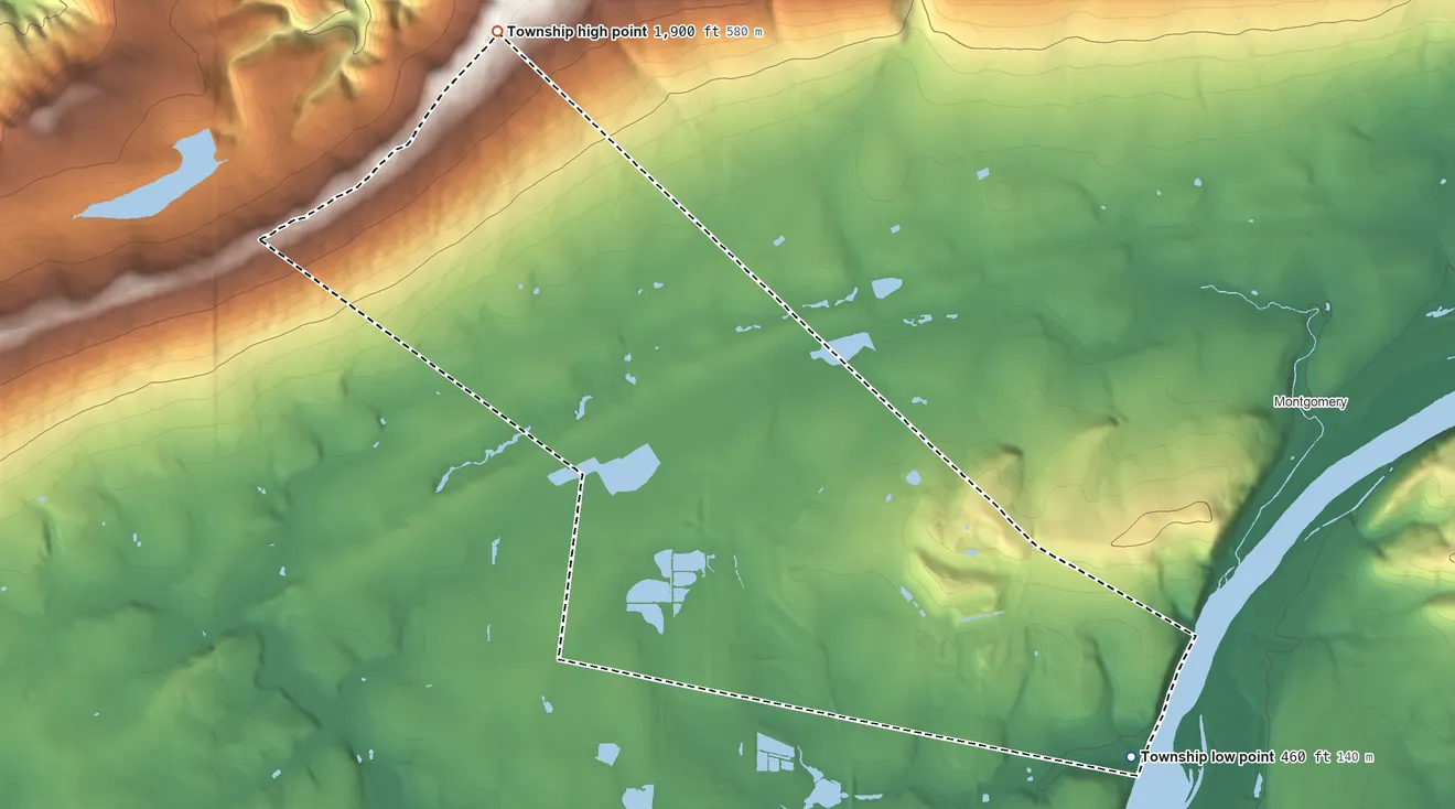 Topographic elevation map of Brady Township, Lycoming County, Pennsylvania, shaded from 460 ft on the southeast side to 1,900 ft on the northwest side