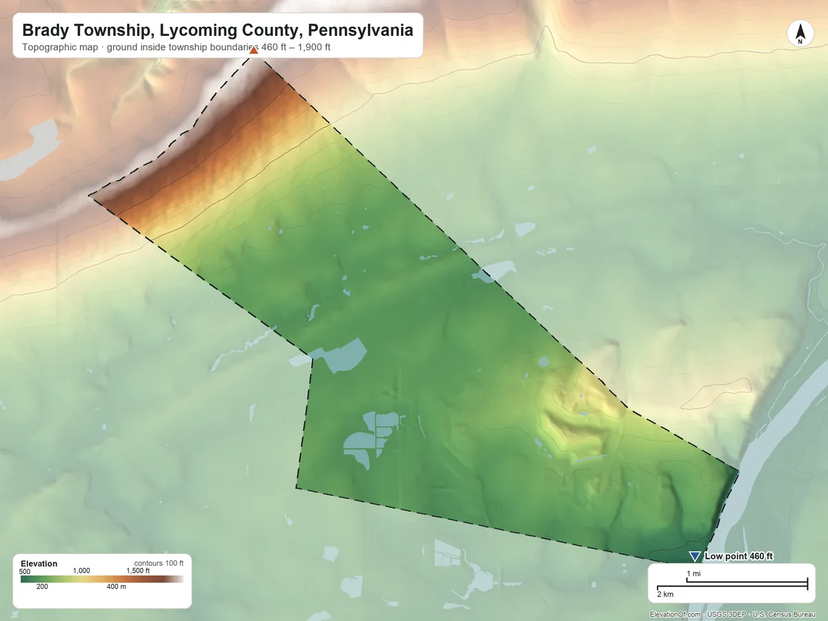 Topographic elevation map of Brady Township, Lycoming County, Pennsylvania, shaded from 460 ft on the southeast side to 1,900 ft on the northwest side