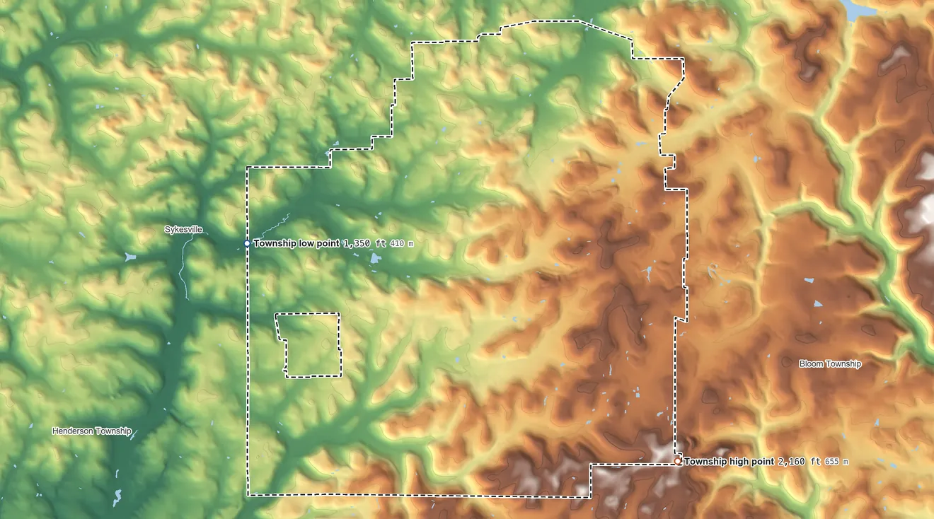 Topographic elevation map of Brady Township, Pennsylvania, shaded from 1,350 ft on the west side to 2,160 ft on the southeast side