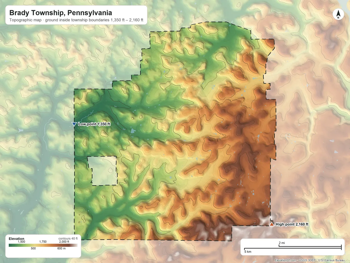 Topographic elevation map of Brady Township, Pennsylvania, shaded from 1,350 ft on the west side to 2,160 ft on the southeast side