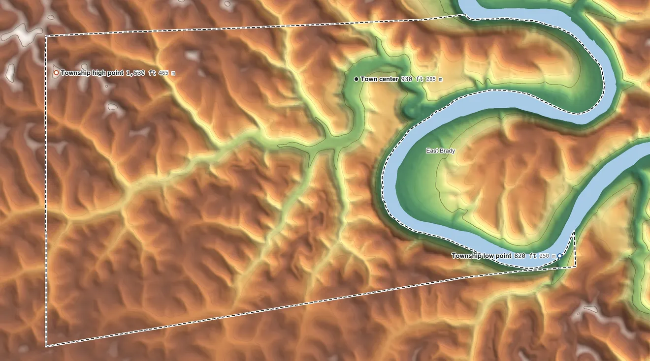 Topographic elevation map of Bradys Bend Township, Pennsylvania, shaded from 820 ft on the southeast side to 1,530 ft on the west side