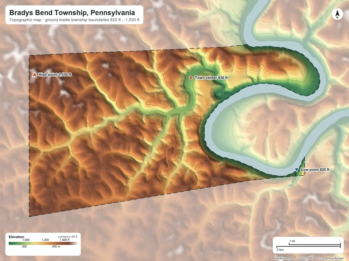 Topographic elevation map of Bradys Bend Township, Pennsylvania, shaded from 820 ft on the southeast side to 1,530 ft on the west side